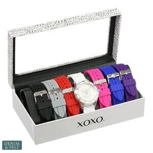 XOXO Women’s Silver-Tone Analog Watch Set w/ 7 Silicone Bands XO9043 NEW/NIB!!
